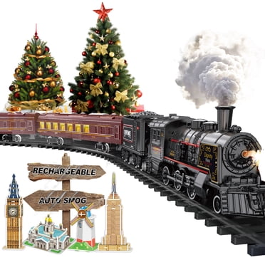 Ensembles de Trains Électriques pour Garçons Filles en Alliage Métallique Jouets de Trains de Noël Locomotive à Vapeur, Voitures de Passagers, Rails, Lumières et Sons Cadeaux d'Anniversaire Rechargeables pour Enfants 3 4 5 6 7 8 + Ans Rouge