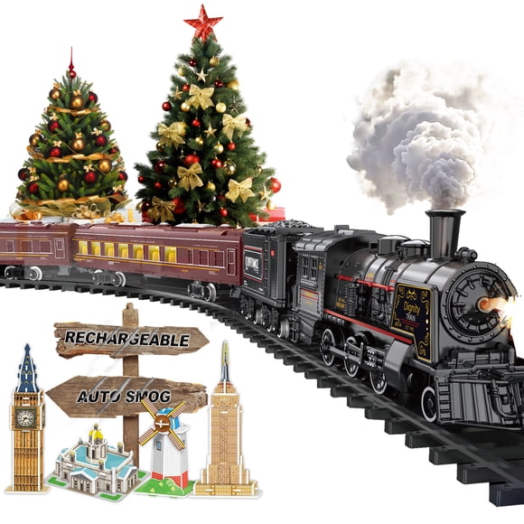 Electric Train Sets for Boys Girls Metal Alloy Christmas Trains Toys Steam Locomotive, Passenger Carriages, Tracks, Light & Sounds Rechargeable Birthday Gifts for Kids 3 4 5 6 7 8 + Years Old Red
