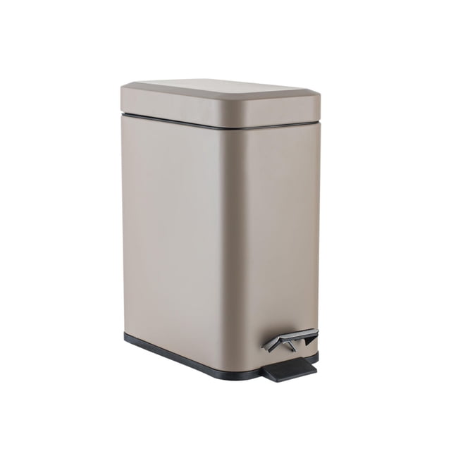 Mainstays 5L Steel Step Bin with tan powder-coated finish, slim rectangular shape, pedal-operated lid for hands-free use, and removable inner bin for easy emptying, ideal for kitchens, offices, or bathrooms with limited space.