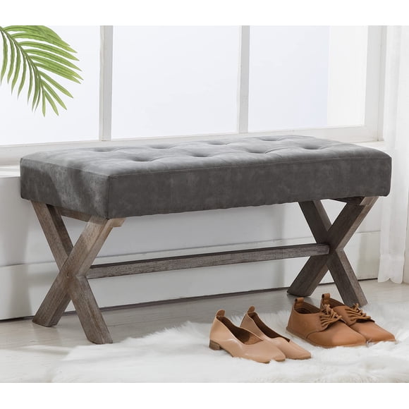 chairus PU Leather Upholstered Entryway Bench, 36 inch Bedroom Bench Seat with X-Shaped Wood Legs for Living Room, Foyer or Hallway - Gray