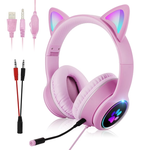 APPIE Wired Cat Ear Gaming Headset for PC, PS4, Xbox One, Girls, Kids Over-Ear Headphones with Microphone Detachable, Foldable RGB LED 3.5mm Headphones for Girlfriends, Tablet, PS5, Nintendo Switch,