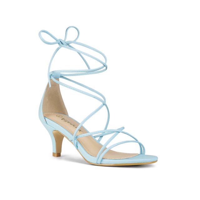 BLISSFUL STEP Sandales à Lacets à Brides à Talon Kitten pour Femmes pour la Rentrée Bleu Ciel 10