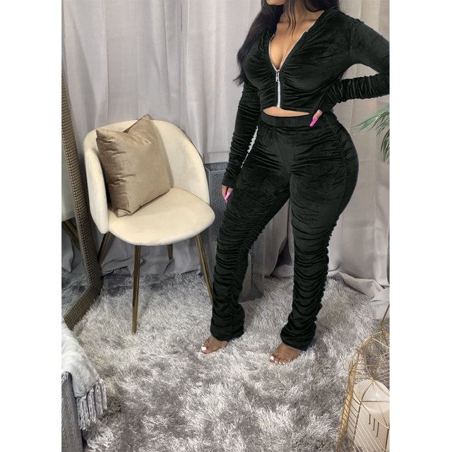 Honganda Slim Pleated Zipper Hooded Top and Pants Two-piece Suit