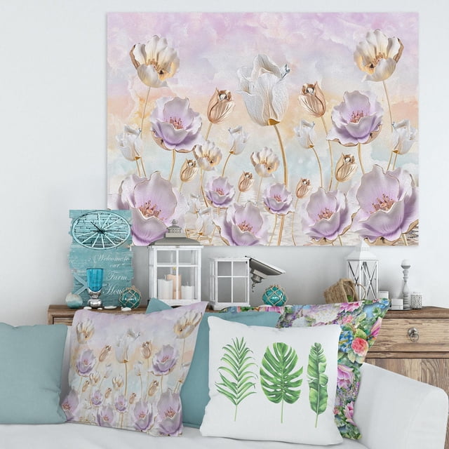 Designart Blossoming Flowers In Pastel Tones Canvas Wall Art featuring a gallery-wrapped cotton canvas print with purple, white, and beige flowers on a soft pastel background, displayed above a farmhouse-style wooden console with decorative lanterns and floral cushions, arriving ready to hang and easy to install, also suitable for enhancing cozy living spaces.
