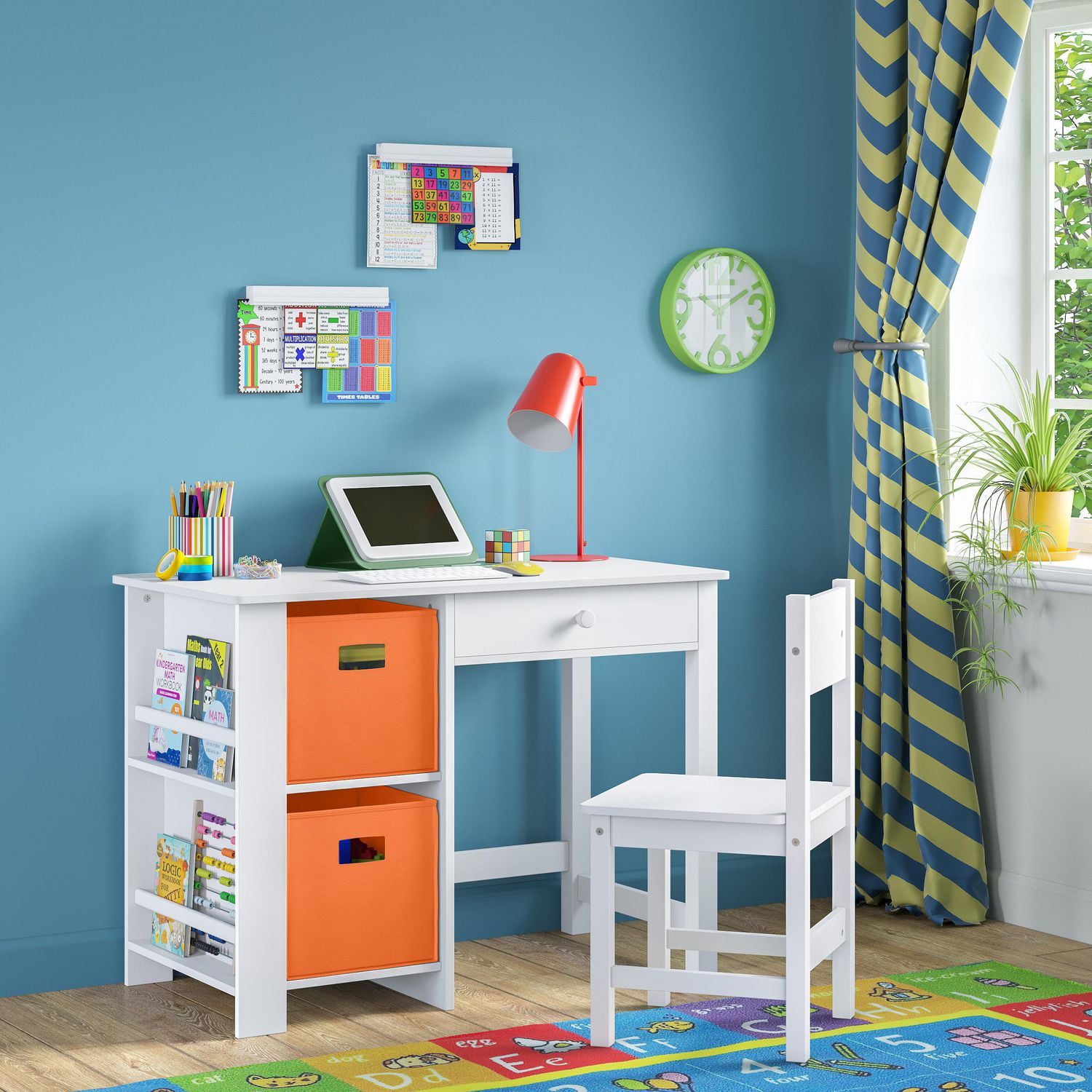 Kids Desk and Chair Set with Cubbies and Bookracks – White