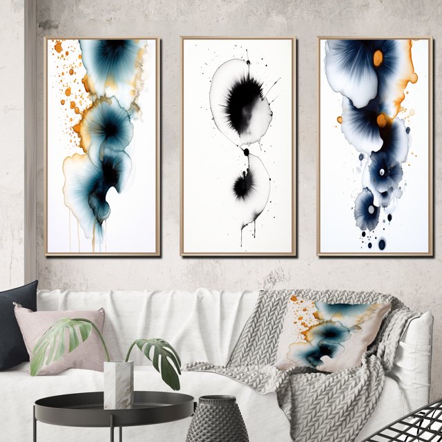 Designart "Heartbeat Rhapsody Turquoise and Gold Ink Cloud II" Abstract Painting Framed Wall Art Set Of 3 - Turquoise Modern Frame Canvas Set For Living Room Decor