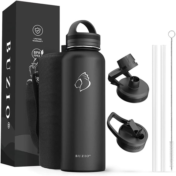 Kartokner Bouteille d'Eau 40 oz, Gourde Isotherme en Acier Inoxydable avec Couvercles à Paille, Tasse Thermo en Métal pour Cantine, Pichet Hydro, Bouteilles d'Eau Chaude et Froide à Double Vide avec Pochette de Transport, Noir