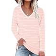 thumbnail image 1 of V Neck Striped Top, Skin Friendly Side Slit Easy To Match Loose Long Sleeve Sweatshirt  For Office Pink L, 1 of 5