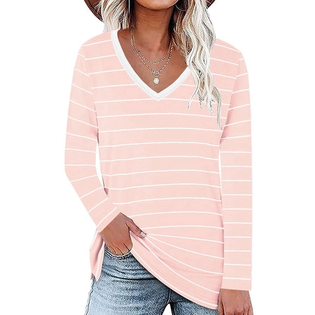 V Neck Striped Top, Skin Friendly Side Slit Easy To Match Loose Long Sleeve Sweatshirt For Office Pink L
