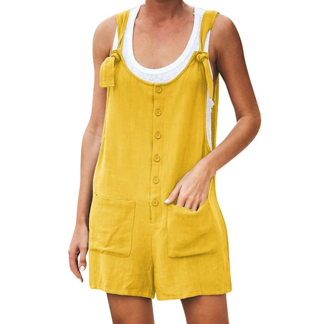 TopLLC Women's Summer Casual Rompers Sleeveless Loose Spaghetti Strap Short Jumpsuits Overalls Solid Button Bodysuit Playsuit With Pockets