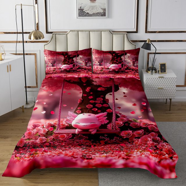 Erosebridal Ensemble de Couvre-Lit Axolotl Dessin Animé Simple pour Filles, Ensemble de Lit Floral Rose Rouge, 2 Pcs, Léger
