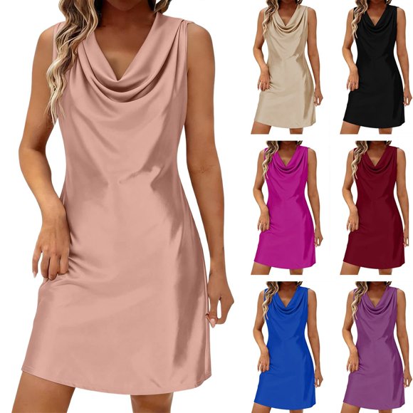 QIUOMBBP Womens Satin Dresses Sleeveless Cowl Neck A Line Midi Sundress Summer Casual Cocktail Party Dress Black M