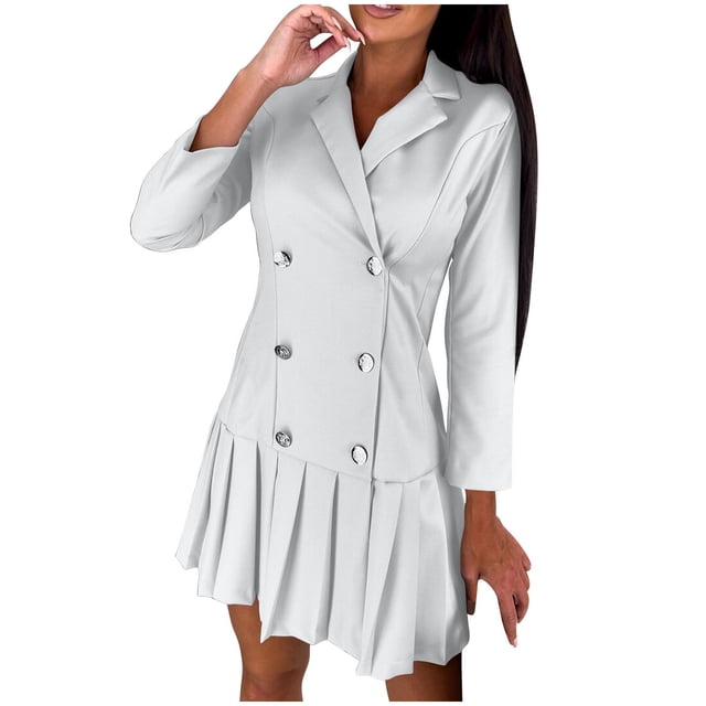 cfhntfmh Robes Mini pour Femmes Formelles à Manches Longues à Col à Revers Boutonnées Robe Chemise Tendance Ample Plissée Robe de Travail