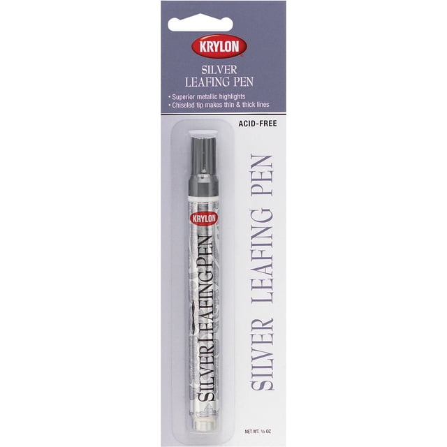 Krylon Leafing pen silver with chiseled tip for thin and thick metallic highlights, acid-free formula, 1/3 oz net weight, suitable for crafts, markers, and office use.