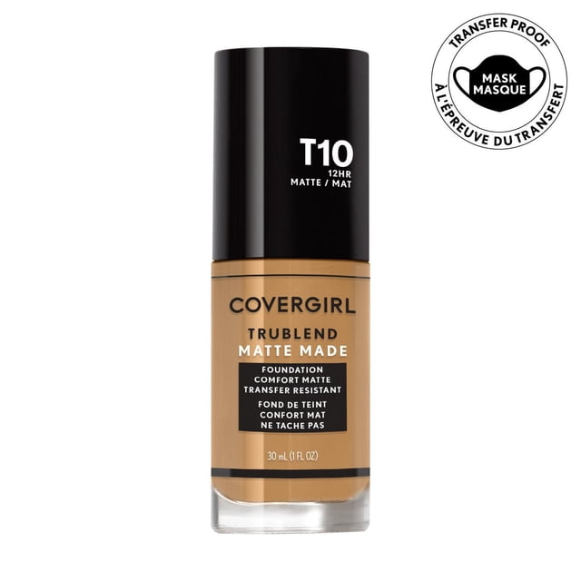 COVERGIRL Trublend Matte Made Foundation in shade T10, 30 ml liquid foundation with a black cap, providing a lightweight, oil-free matte finish with 12-hour transfer-resistant wear that minimizes pores and blurs imperfections, suitable for normal to oily skin and ideal for long-lasting flawless coverage.