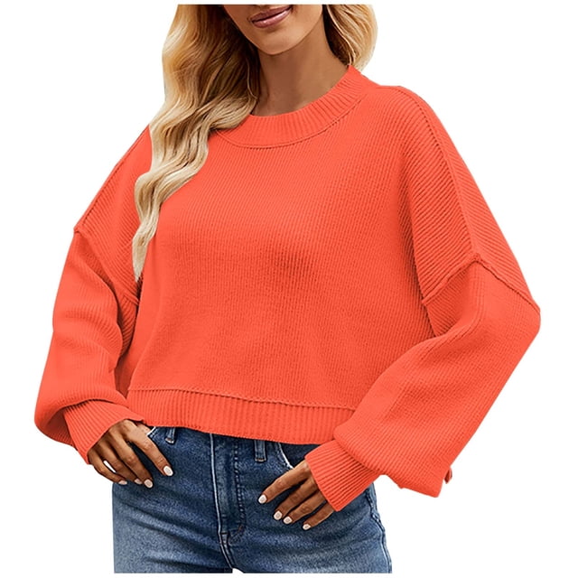 Timegard Womens Sweaters Cropped Crewneck Long Sleeve Drop Shoulder Pullover Fall Loose Knitted Tops