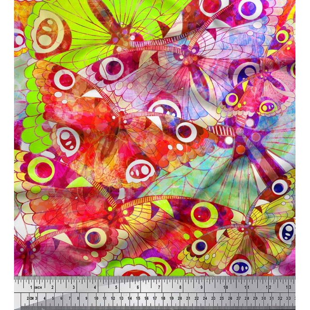 Soimoi Pink Cotton Duck Fabric Colorful Butterfly Decor Fabric Printed Yard 42 Inch Wide
