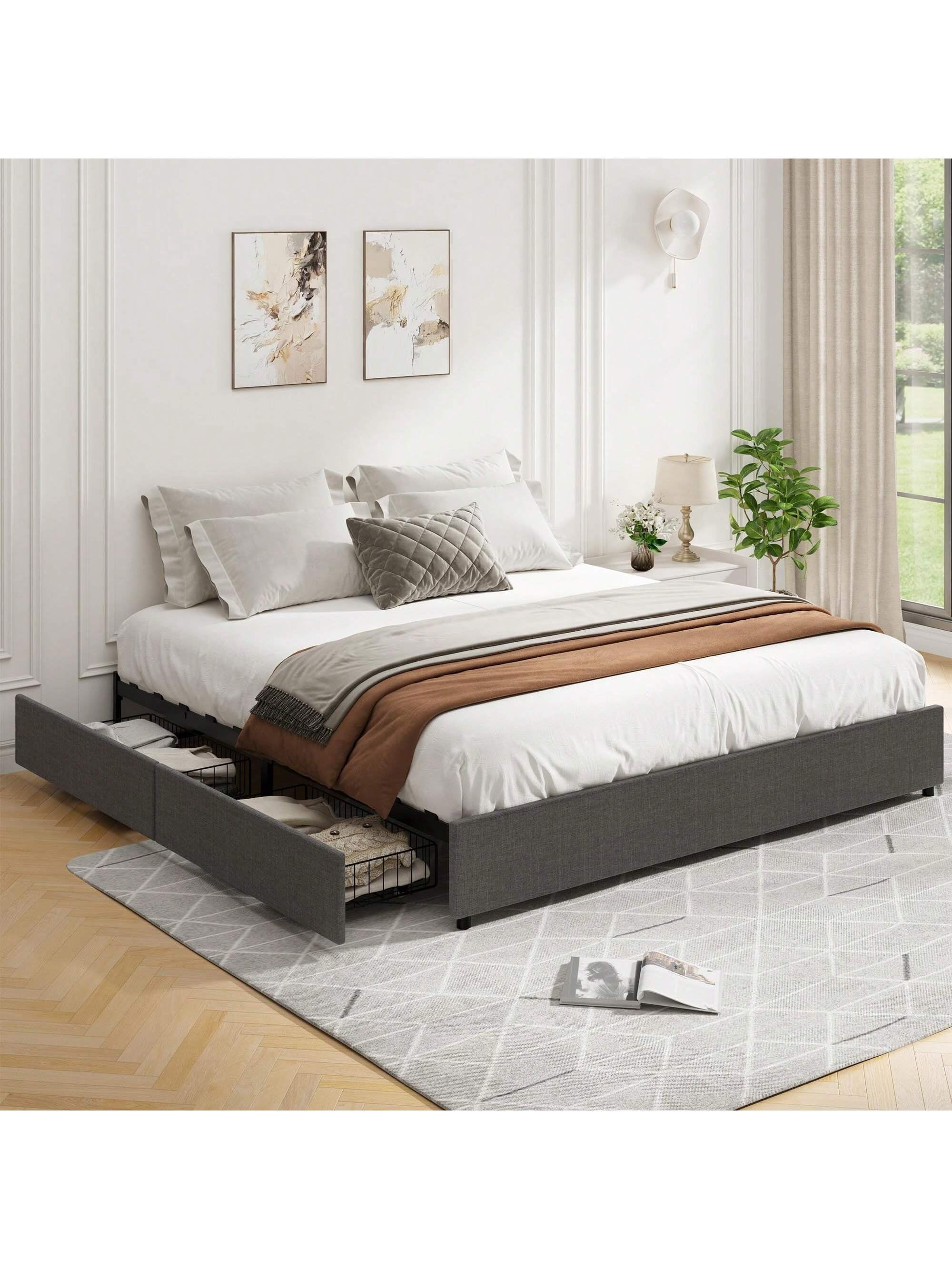 Bingirl Platform Bed Frame Upholstered in Fabric with 4 Storage Drawers: No Box Spring Required, Wooden Slats Support, Noise-Free, Easy Assembly in Dark Grey