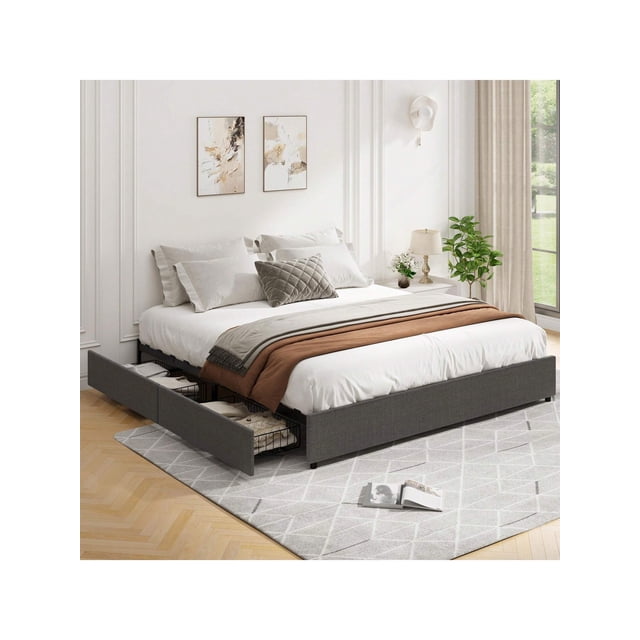 Bingirl Fabric Upholstered Platform Bed Frame with 4 Storage Drawers, Wooden Slats Support, Noise-Free and Easy to Assemble - Dark Grey, No Box Spring Needed