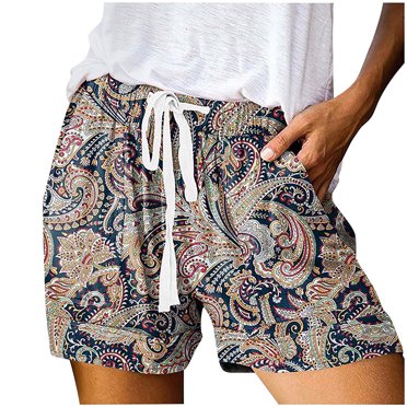 EQWLJWE Pantalons Courts pour Femmes, Nouveaux Pantalons d'Été Taille Haute à Lacets, Shorts Décontractés à Impression Numérique