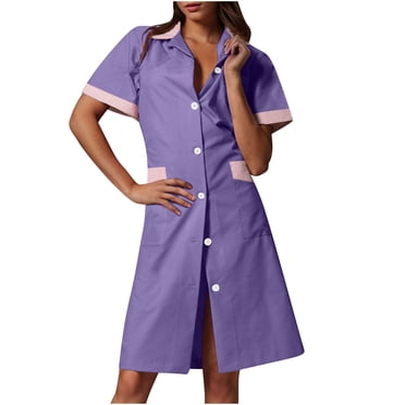 Xfvqtps Womens Nurse Dress with Pockets Button Short Sleeve Splicing Lapel Caregiver Work Dress Black