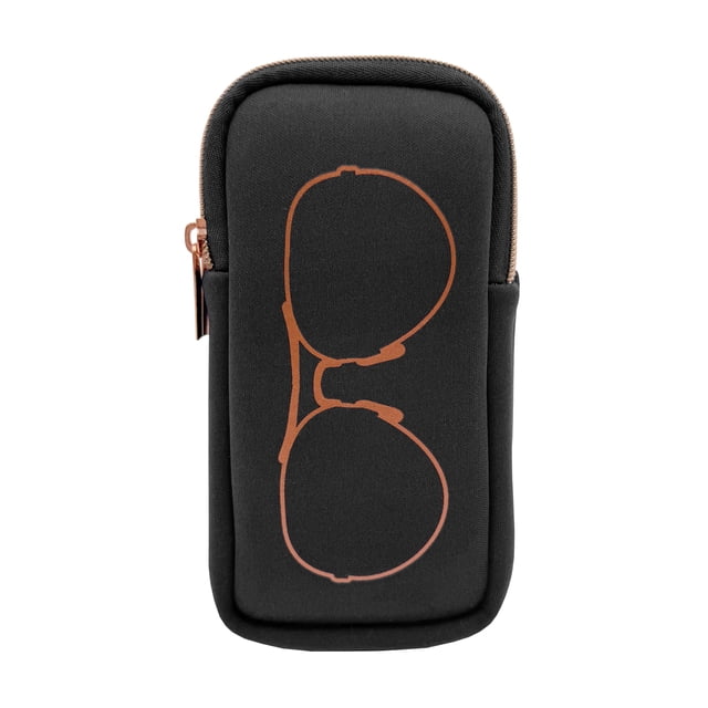 Mine double eye glass case in black with padded neoprene slim rectangular design, featuring a copper-colored aviator sunglasses outline and dual zip-around compartments to protect two pairs of glasses separately, suitable for travel and everyday carry.