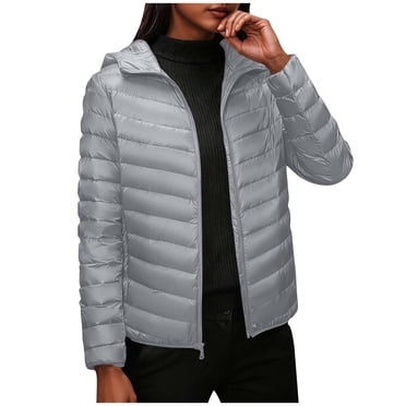 Pisexur Women Puffer Jacket Lightweight Packable Solid Color Winter Coat Insulated Water Resistant Short Down Coat Casual Long Sleeve Hooded Jackets for Women M-5XL Gray