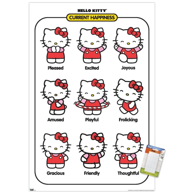 Hello Kitty - Current Happiness Wall Poster, 22.375" x 34", glossy wall art featuring nine Hello Kitty figures in red dresses with pink sleeves, each showing emotions like pleased, excited, joyous, amused, playful with a hula hoop, frolicking, gracious, friendly, and thoughtful, perfect for room decor with included adhesive mounts for easy hanging.