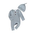 thumbnail image 1 of EYIIYE Infant Baby Girls Boys Basic Romper 0-6M Newborn Long Sleeve Bodysuit Crew Neck Overalls Solid Color Ribbed Button Jumpsuit with Hat Spring Autumn, 1 of 9