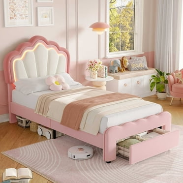 Homfa Twin Size LED Bed Frame with Drawer, Velvet Upholstered Platform Bed Frame with Adjustable Petal Headboard for Kid, Pink