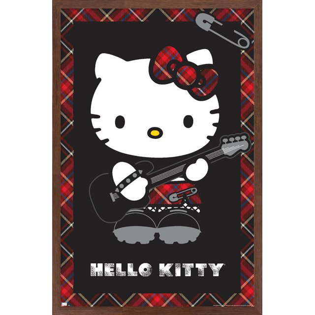 Hello Kitty - Affiche Murale Punk, 22,375 Pouces x 34 Pouces Mettant en Vedette Hello Kitty avec un Visage Blanc et un Nez Jaune, Portant un Nœud et une Jupe à Carreaux Rouges et Noirs, Tenant une Guitare Électrique Noire sur un Fond Noir avec une Bordure à Carreaux Rouges et une Épingle de Sécurité Grise dans le Coin Supérieur Droit, avec un Texte Blanc « Hello Kitty » Usé au Bas. Cette Oeuvre Murale Est Idéale pour la Déco de Chambre, Dortoir Ou Bureau.