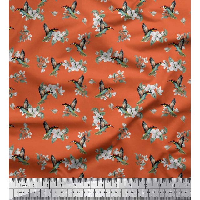 Soimoi polyester Crepe Fabric Leaves,White Floral & Hummingbird Printed Fabric 1 Yards 42 Inch Wide