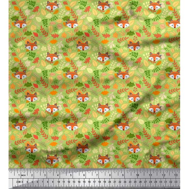 Soimoi Polyester Crepe Fabric Leaves & Fox Face Cartoon Print Fabric by The Yard 42 Inch Wide