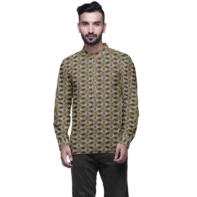 Atasi Kurta en Coton à Manches Longues à Revers pour Hommes Col Mandarin Chemise Ethnique Imprimée