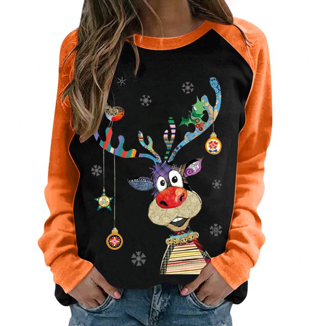 Chandail en Molleton de Noël pour Femmes 2023 Col Rond Mode Décontractée Manches Longues Imprimé de Noël Chandail en Molleton Blouse en Solde