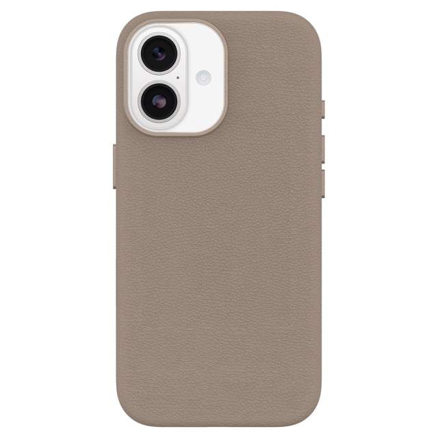 OtterBox Symmetry Cactus Leather MagSafe Case w/Camera Control Grey Comfort for iPhone 17 showing taupe cactus-based leather texture, metal side buttons, metal camera crown around dual lenses, and built-in MagSafe magnets for secure attachment and drop protection.
