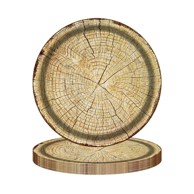 Fesfesfes 10 Pieces Camping Themed Plates Natural Wood Grain Color Paper Plates Disposable Tableware Suitable for Party Birthday
