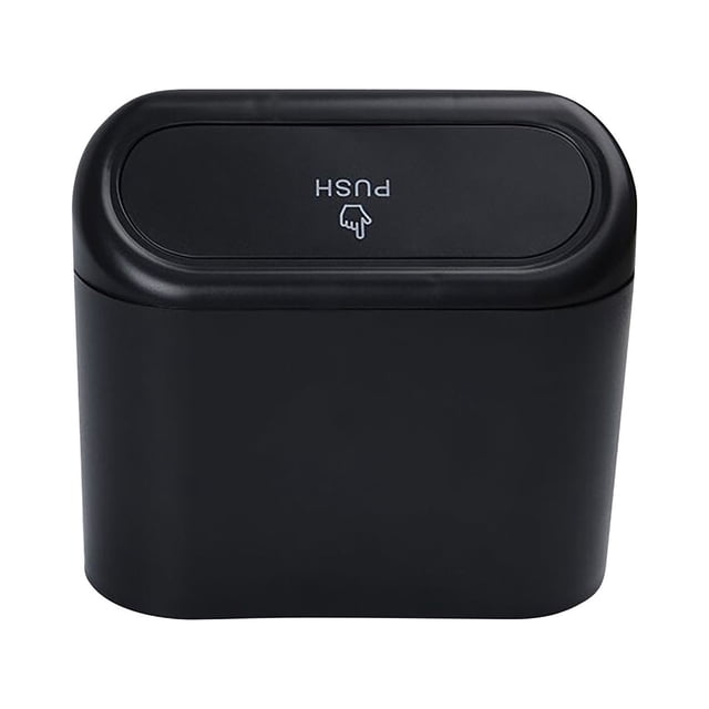 Large Garbage Cans for Outside, a compact black car trash can made of durable ABS material with a push-to-open lid. Designed for hanging on car doors or chair backs, it includes a detachable hook for easy installation and removal. Lightweight and space-saving, suitable for maintaining cleanliness in vehicles, homes, or during travel. Often used as a multi-function car organizer for small items.