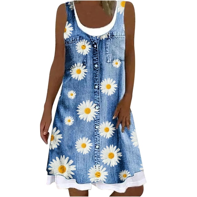 Pisexur Robe en Denim pour Femme Sans Manches à Col en V, Robe Midi à Fleurs, Décontractée, Fente Latérale, Robe-Chemise en Jean