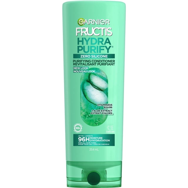 Garnier Fructis Hydra Purify Revitalisant 354 ml dans une Bouteille en Plastique Verte avec Bouchon à Rabat, Doté d'Une Formule Sans Parabènes Ni Silicone avec Extrait d'Aloès et Vitamines B3 et B6, Offrant jusqu'à 96 Heures d'Hydratation pour Tous les types de Cheveux, Convient Aussi pour Rafraîchir l'Hydratation du Cuir Chevelu.