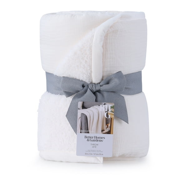 Better Homes & Gardens Gauze Reverse to Cozy Knit Throw Blanket Vanilla Dream, 50"X72"