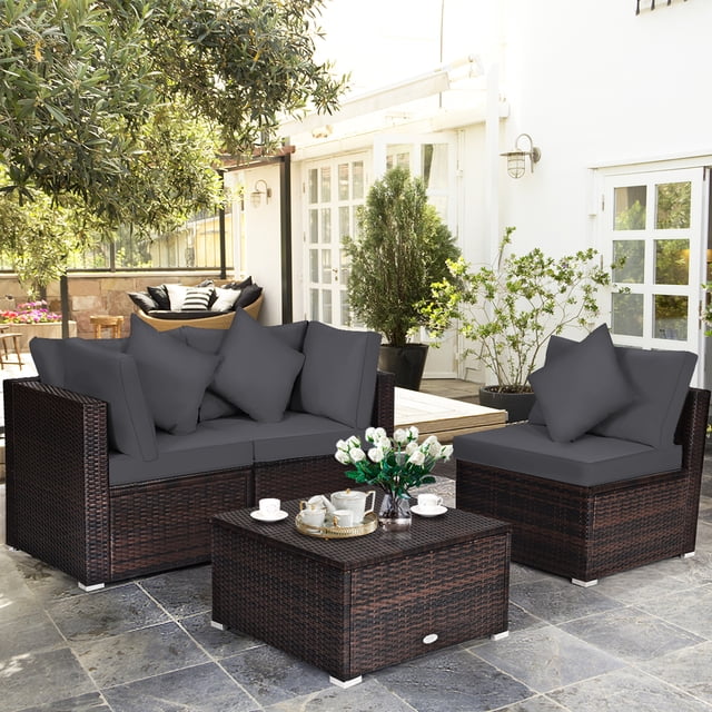 Gymax Ensemble de Conversation pour Patio en Rotin 4 Pcs Cour Extérieur avec Coussin Gris