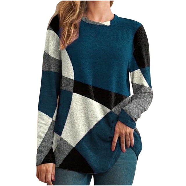 IROINID Liquidation Hauts pour Femmes Grande Taille Détente Col Rond Manches Longues Chemise Ample Imprimée Blouse Hauts, Navy