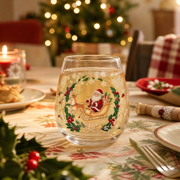 Dvkptbk Décorations de Noël Impression Festive de Noël Tasse en Verre Sans Pied. Traîneau Couronne de Sapin de Noël Père Noël Verre à Vin Sans Pied Transparent pour Boissons des Fêtes Décoration de Table