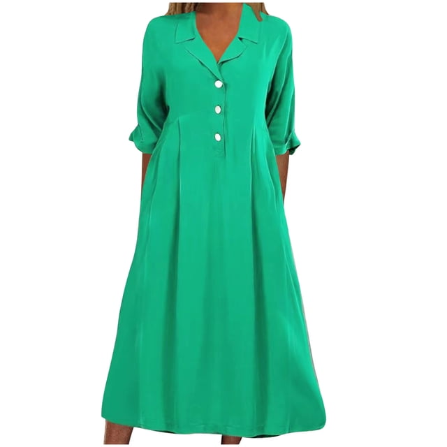 Pisexur Robes d'Automne pour Femmes 2024 à Col Rabattu, Manches 1/2, Robe Maxi de Couleur Vert Uni. Cette Robe Élégante et Fluide à Col en V Présente une devant Boutonné et une Coupe Décontractée, Fabriquée en polyester Léger. Idéale pour les occasions de Printemps et d'Été comme les Retour à la Maison, les Cocktails Ou les Sorties Décontractées.