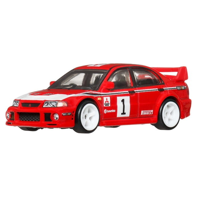 Hot Wheels Car Culture Premium 1:64 Scale Die-Cast Toy Car or Truck showing a red Mitsubishi Lancer Evolution rally car with white Real Riders tires, metal body and chassis, detailed racing decals including number 1, Brembo, and Pirelli logos, displayed in a 3/4 front angle on a white background, suitable for collectors and display.