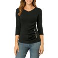 thumbnail image 2 of INSPIRE CHIC Women's Button Decor V Neck 3/4 Sleeve Solid Knitted Ruched Blouse, 2 of 6