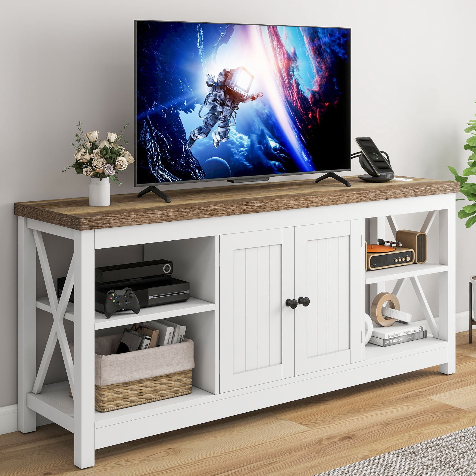 DEXTRUS 59" TV Stand for 65 Inch TV with Power Outlets, Farmhouse White Entertainment Center with Storage Cabinet for Living Room
