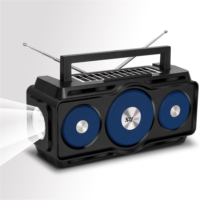 Fm Radio with Bluetooth, a portable and waterproof Bluetooth speaker featuring a digital AM/FM radio, flashlight, and reading lamp. The black rectangular design includes three blue speaker grilles, a handle, dual antennas, and a solar panel on top for charging. Equipped with an IP5 rating for water resistance, 8W stereo sound, and a 1200mAh battery offering up to 12 hours of playtime. Includes Bluetooth 5.1, USB, AUX, and SD card compatibility.