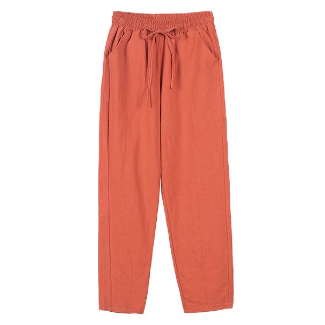 LUXUR Ladies Loungewear Mid Waisted Bottom Elastic Waist Trousers Basic Pants Solid Color Brick Red L